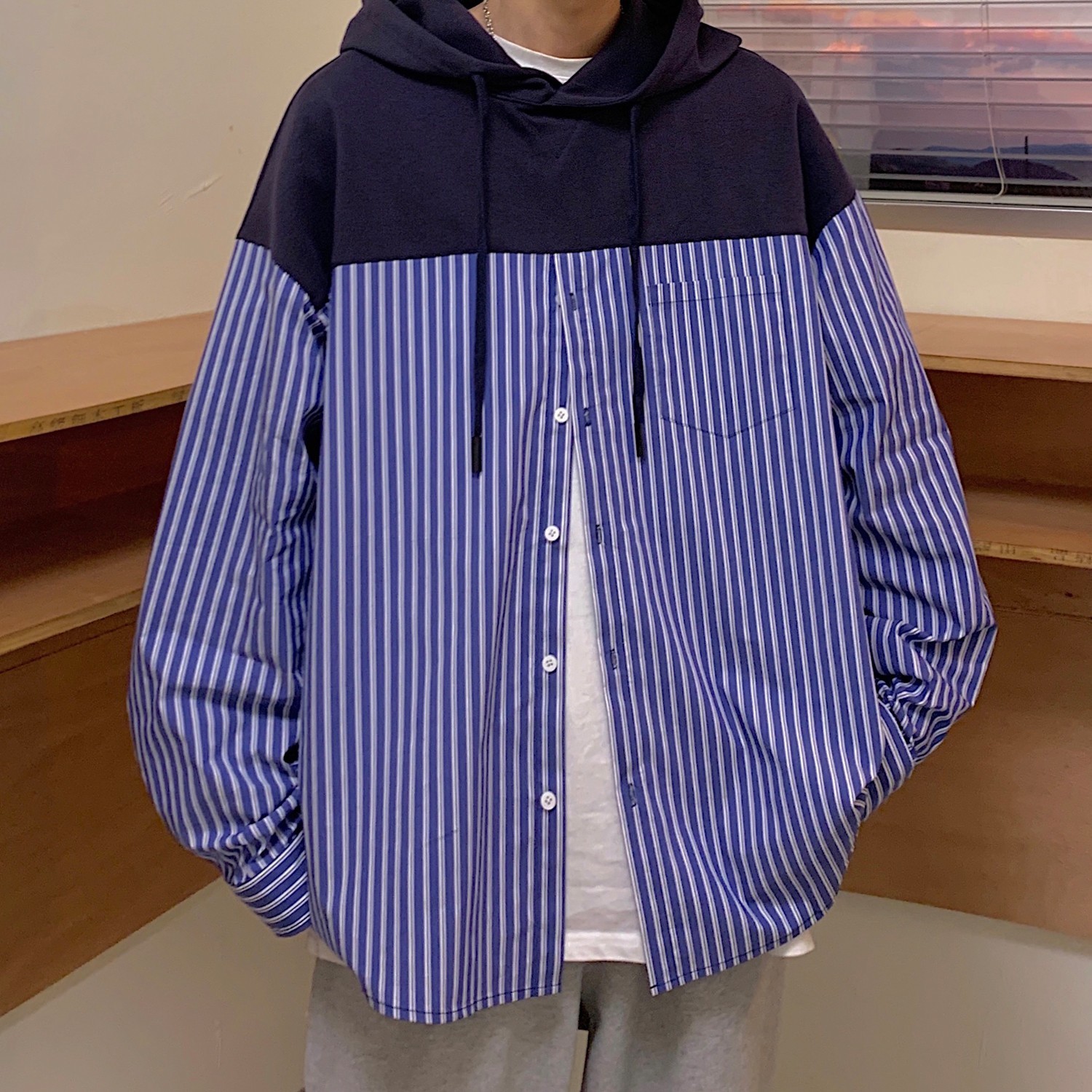 港风日系秋装连帽拼接条纹衬衫情侣卫衣外套H706P68控88男类,男装卫衣,电商A341