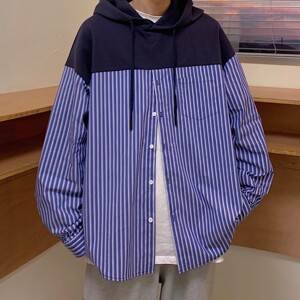 港风日系秋装 连帽拼接条纹衬衫情侣卫衣外套 H706P68控88 男类图片
