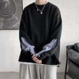 短句双层袖口拼接条纹假两件套头长袖卫衣外套H659P45控58，男装卫衣，电商A341
