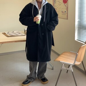 港风冬装 加厚夹棉假两件连帽过膝风衣呢大衣外套 H699 P158 男类图片