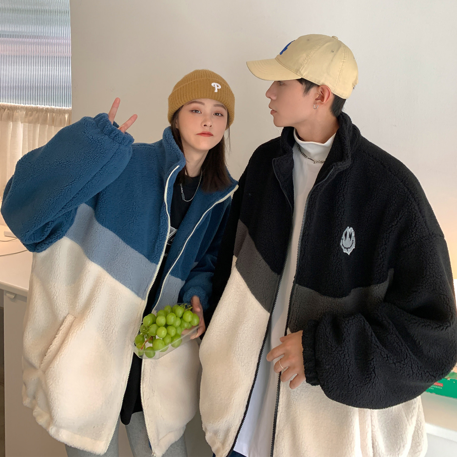 21情侣装冬装拼接绣花羊羔毛情侣棉衣加厚外套上衣H683P118男类,男装棉衣,电商A341