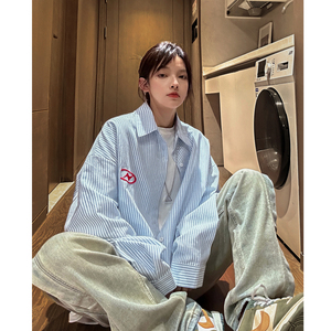 中性秋装 美式ins宽松情侣浅蓝色条纹刺绣衬衫外套男女H874 P58图片