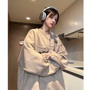 中性风 美式秋装鹿皮绒加厚加绒情侣卫衣结构上衣外套男女H899P68图片