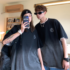 情侣装夏装 复古水洗做旧渐变情侣短袖T恤印花宽松 H707 P38女类图片