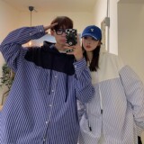 港风日系春装连帽拼接条纹衬衫情侣卫衣外套H706P68控88女类，男装卫衣，电商A341
