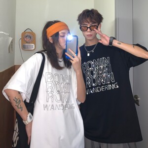 情侣装夏装潮高街烫钻字母印花宽松情侣短袖大码T恤 H708P35 女类图片