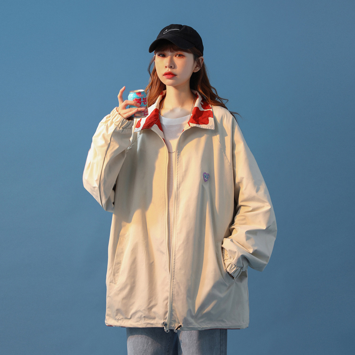 中性风双面穿奶牛夹克外套宽松爱心标情侣上衣女H656P88女,女装短外套,电商A341