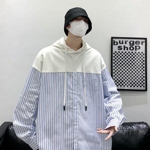 2024秋装大皂港风连帽拼接条纹衬衫卫衣外套 H706P68控88 男类图片