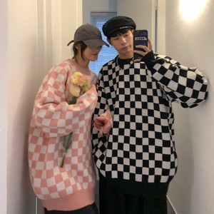 秋冬装 中性风棋盘格套头情侣长袖毛衣针织衫 H681 P78控98女类图片