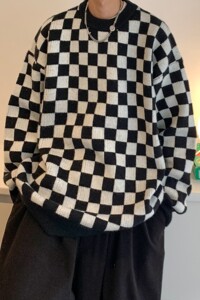 秋冬装 中性风棋盘格套头情侣长袖毛衣针织衫 H681 P78控98女类图片