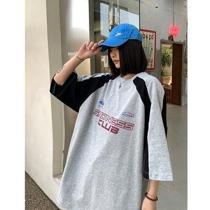 中性 潮插肩袖撞色赛车服情侣短袖T恤印花上衣男 H834P38图片
