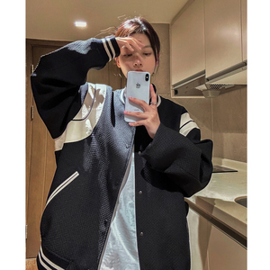 主推中性 小香风棒球服撞色拼接PU皮外套复古夹克男女H873 P108图片