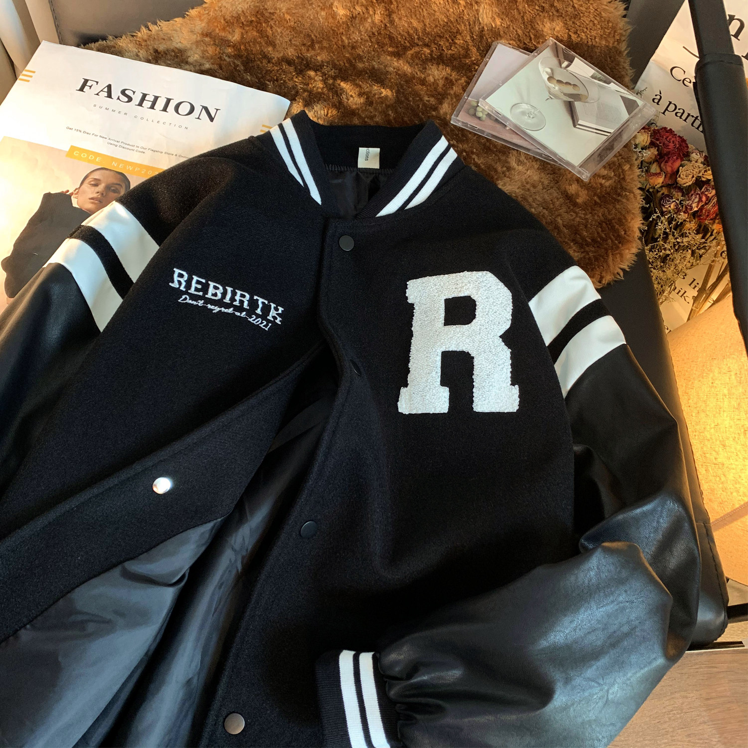 2023秋装新品pu皮拼接毛巾绣棒球服夹克外套潮H686P118男类,男装夹克,电商A341