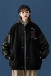 中性风 宽松新款PU皮拼接呢料棒球服 情侣外套 H572 P118男类图片