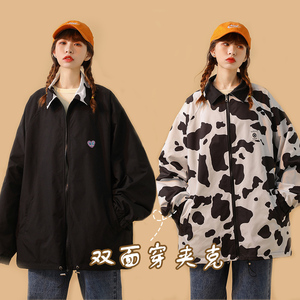 中性风双面穿奶牛夹克外套宽松爱心标情侣上衣女H656P88女