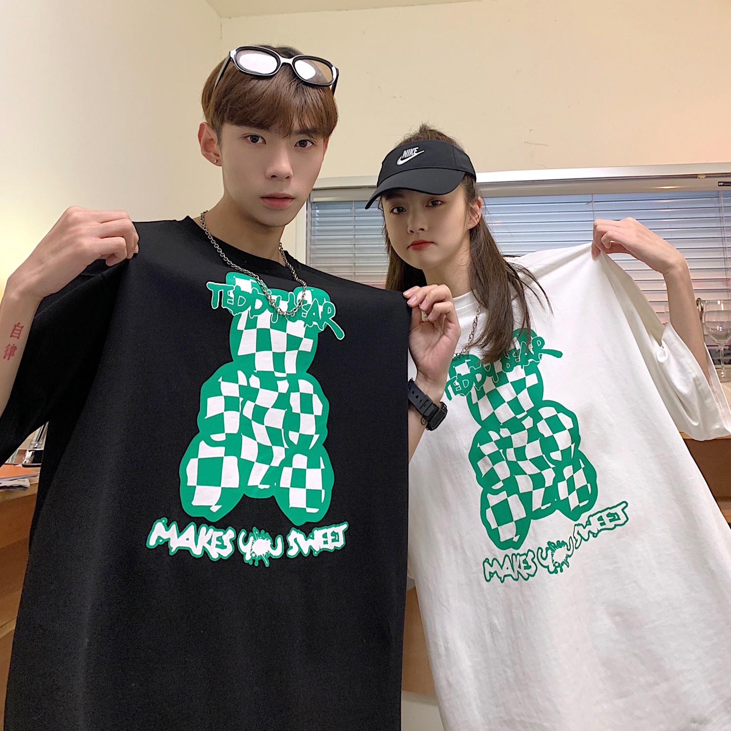 情侣装夏装 棋盘格小熊印花情侣短袖T恤宽松半袖 H719 P30女类图片