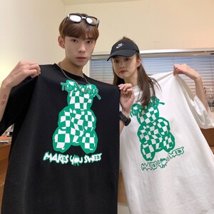 情侣装夏装 棋盘格小熊印花情侣短袖T恤宽松半袖 H719 P30女类图片