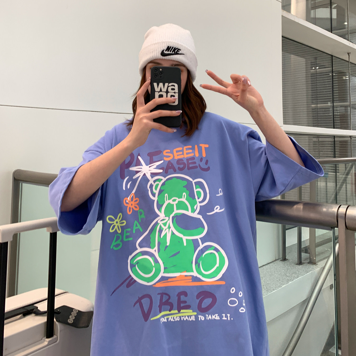 情侣装夏装新涂鸦熊印花情侣短袖T恤宽松圆领半袖H608P35女类,女装T恤,电商A341