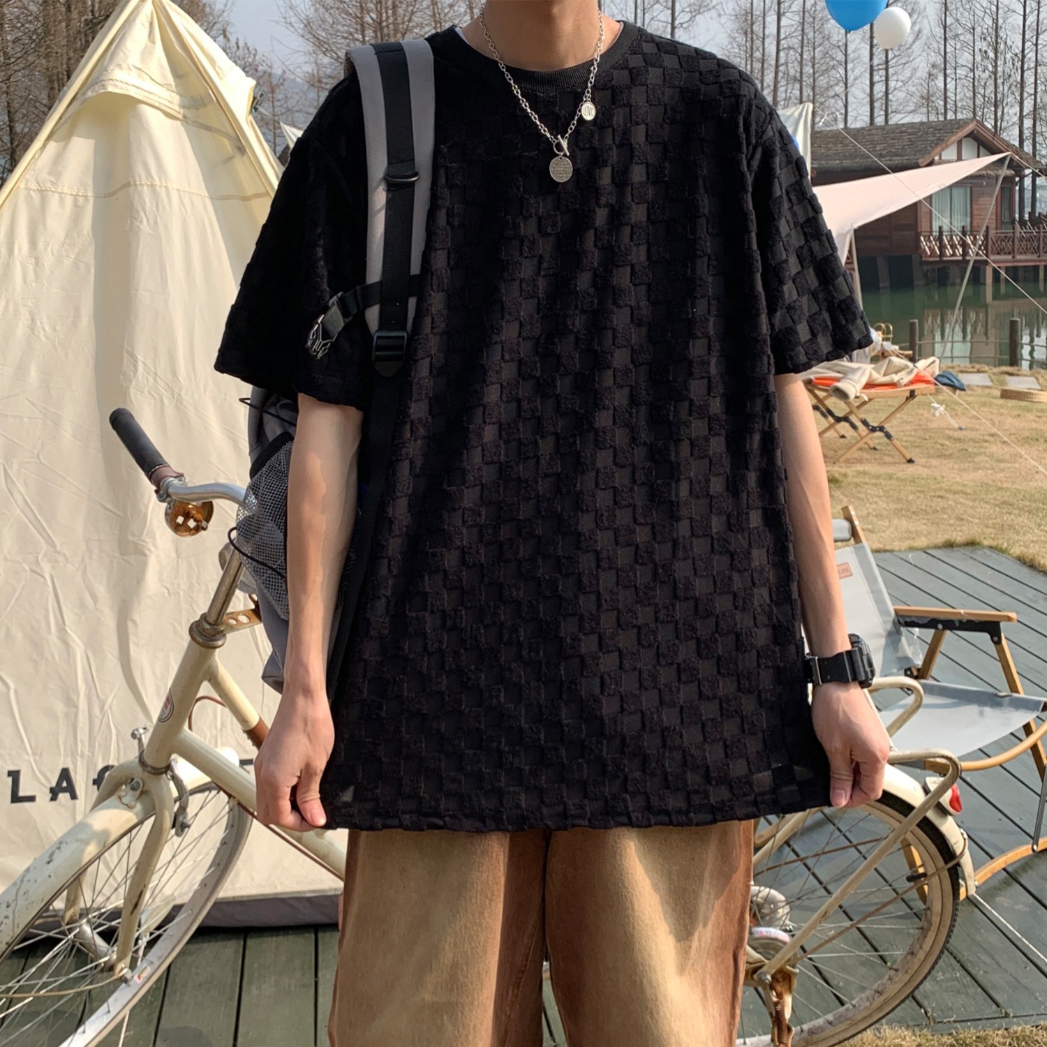 港风夏装棋盘格bv绿情侣短袖T恤衫宽松大码上衣H729P40女类,男装T恤,电商A341