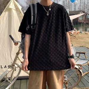 港风夏装 棋盘格bv绿情侣短袖T恤衫宽松大码上衣 H729 P40女类图片