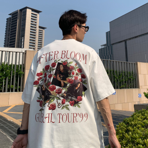 港风夏装 复古玫瑰花印花情侣短袖T恤衫大码宽松 H743 P30男类图片