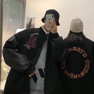 情侣装毛呢拼接PU皮棒球服情侣夹克外套H572P118女类