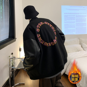 港风 毛呢拼接PU皮棒球服夹克情侣棉衣加厚外套 H572-1 P125男类图片
