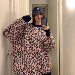 港风秋冬新款 豹纹提花情侣毛衣针织衫外套H682 P78 控98 女类图片