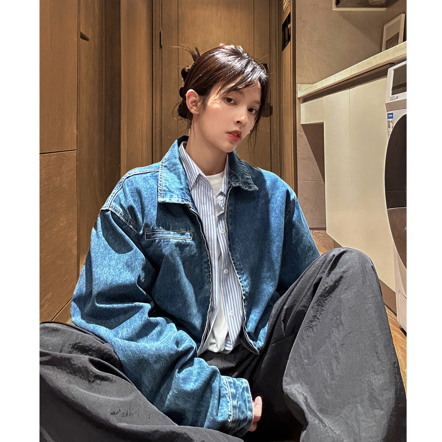 中性秋装水洗美式垫肩短款复古情侣牛仔夹克上衣外套男女H877P98，男装工装外套，电商A341