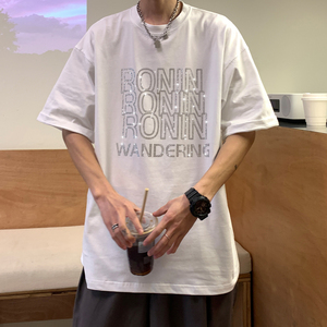 港风夏装潮高街烫钻字母印花宽松情侣短袖大码T恤H708P35女类图片