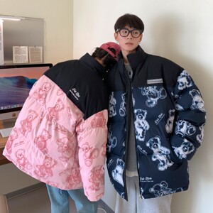 主推 情侣装冬装 涂鸦熊卡通拼接情侣棉衣加厚外套 H691 P128男类图片