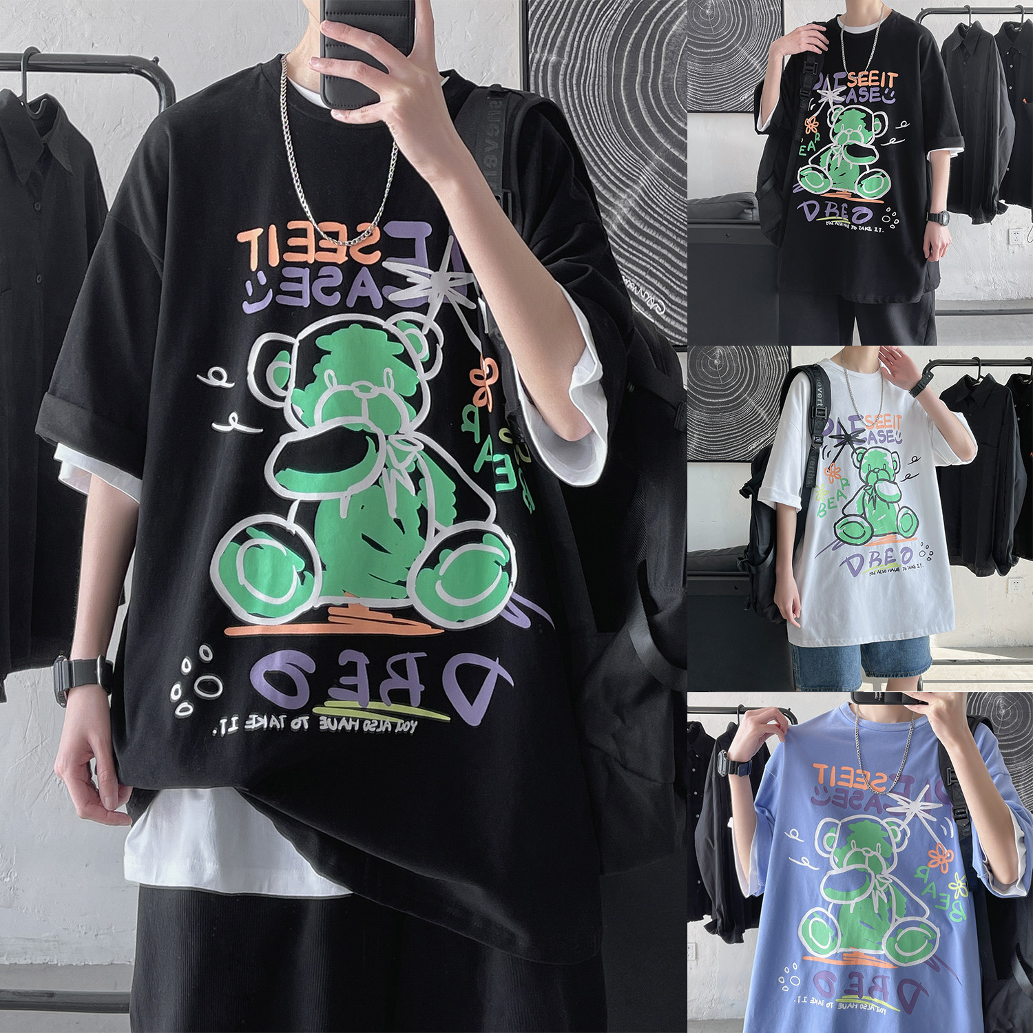 涂鸦熊 2022夏季新品 印花短袖T恤男潮流港风半袖 H608 P35图片