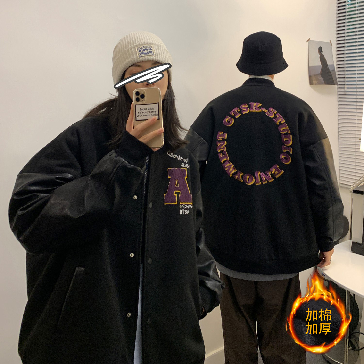 情侣装毛呢拼接PU皮棒球服夹克情侣棉衣加厚外套 H572-1 P125男类图片