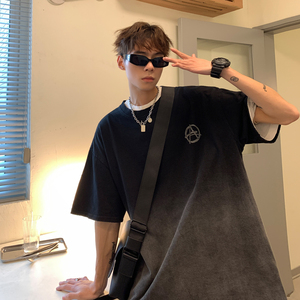 港风夏装 复古水洗做旧渐变情侣短袖T恤印花宽松 H707 P38男类图片