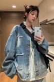 中性风秋装毛边设计垫肩牛仔情侣夹克上衣渐变外套男H859P88，男装夹克，电商A341