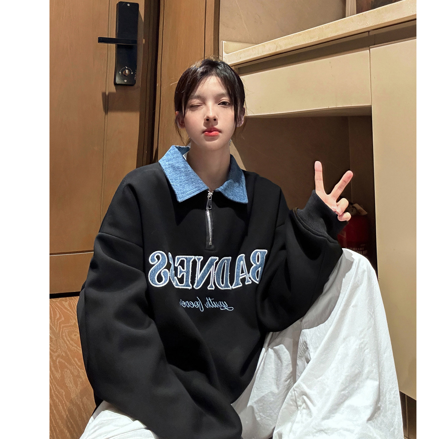 中性风秋装polo领卫衣美式牛仔拼接半拉绣花外套上衣男女H881P68,男装卫衣,电商A341