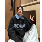 中性风秋装polo领卫衣美式牛仔拼接半拉绣花外套上衣男女H881P68，男装卫衣，电商A341