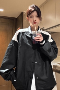 中性风秋装 美式复古撞色机车皮衣棒球服夹克外套男女H887 P108图片