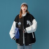 主推中性毛呢拼接PU皮棒球服毛巾绣情侣夹克棉衣H678P118男类，男装夹克，电商A341