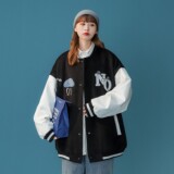 主推中性毛呢拼接PU皮棒球服毛巾绣情侣夹克棉衣H678P118女类，女装短外套，电商A341