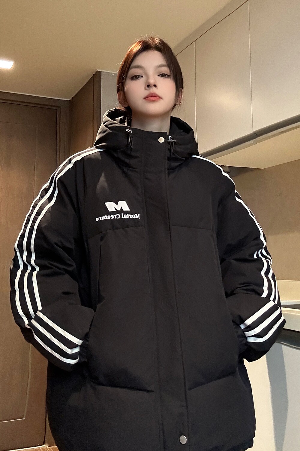 中性主推三条杠棉服宽松连帽棉衣情侣外套面包服男女H919P128,男装棉衣,电商A341