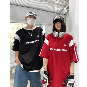 情侣装 美式复古撞色拼接运动情侣短袖宽松T恤印花上衣 H842 P38图片