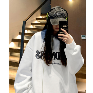 中性风秋装 polo领卫衣美式牛仔拼接半拉绣花外套上衣男女H881P68图片