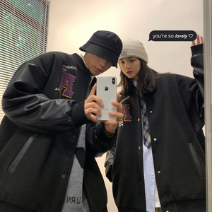 情侣装秋季 毛呢拼接PU皮棒球服夹克情侣夹克外套 H572 P118女类图片