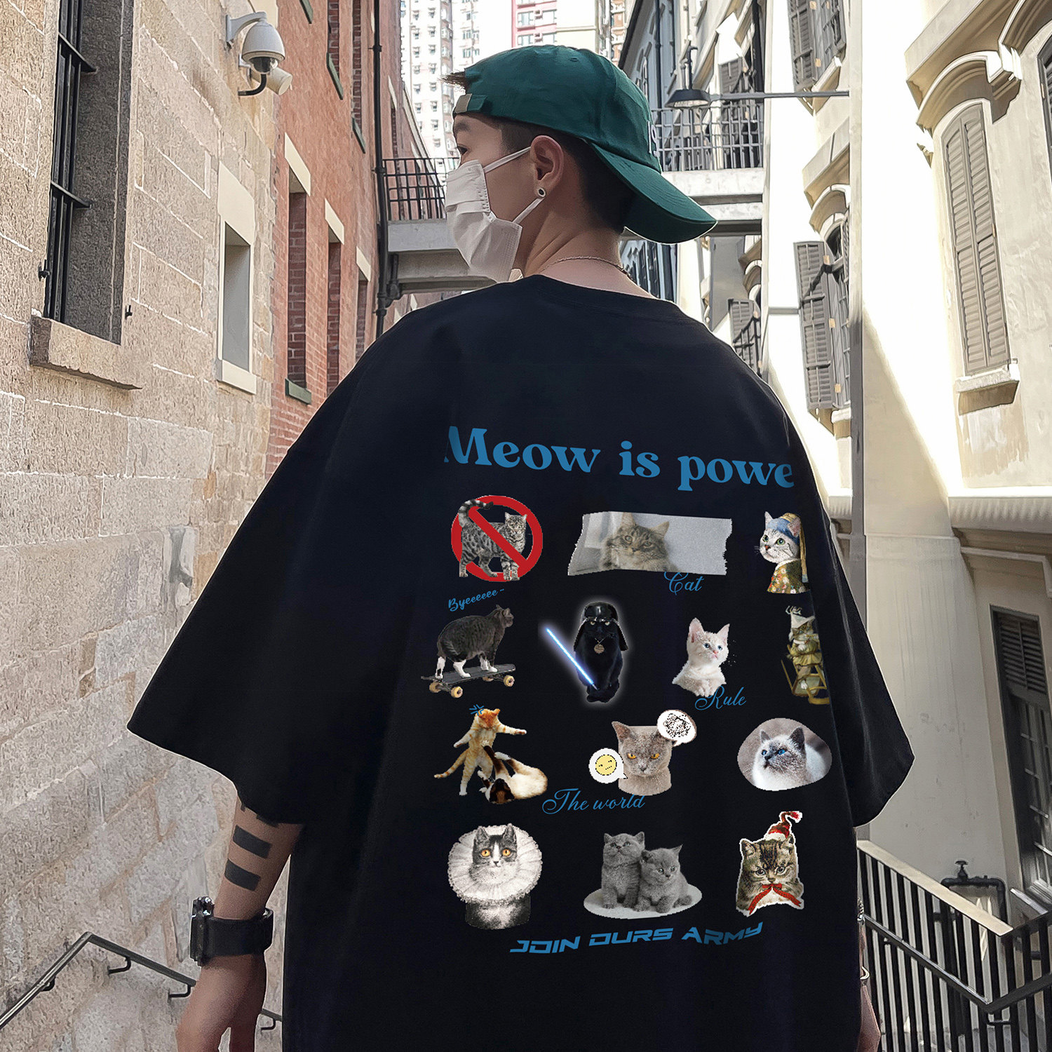 直播有280克美式复古重磅小猫印花短袖T恤衫潮牌大码男H844P28,男装T恤,电商A341