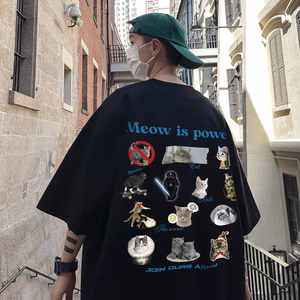 直播有280克美式复古重磅小猫印花短袖T恤衫潮牌大码男H844P28,h型男装大衣怎么搭配图片