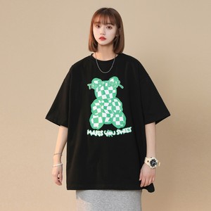 中性风夏装 棋盘格小熊印花短袖T恤宽松大码半袖 H719 P30女类图片