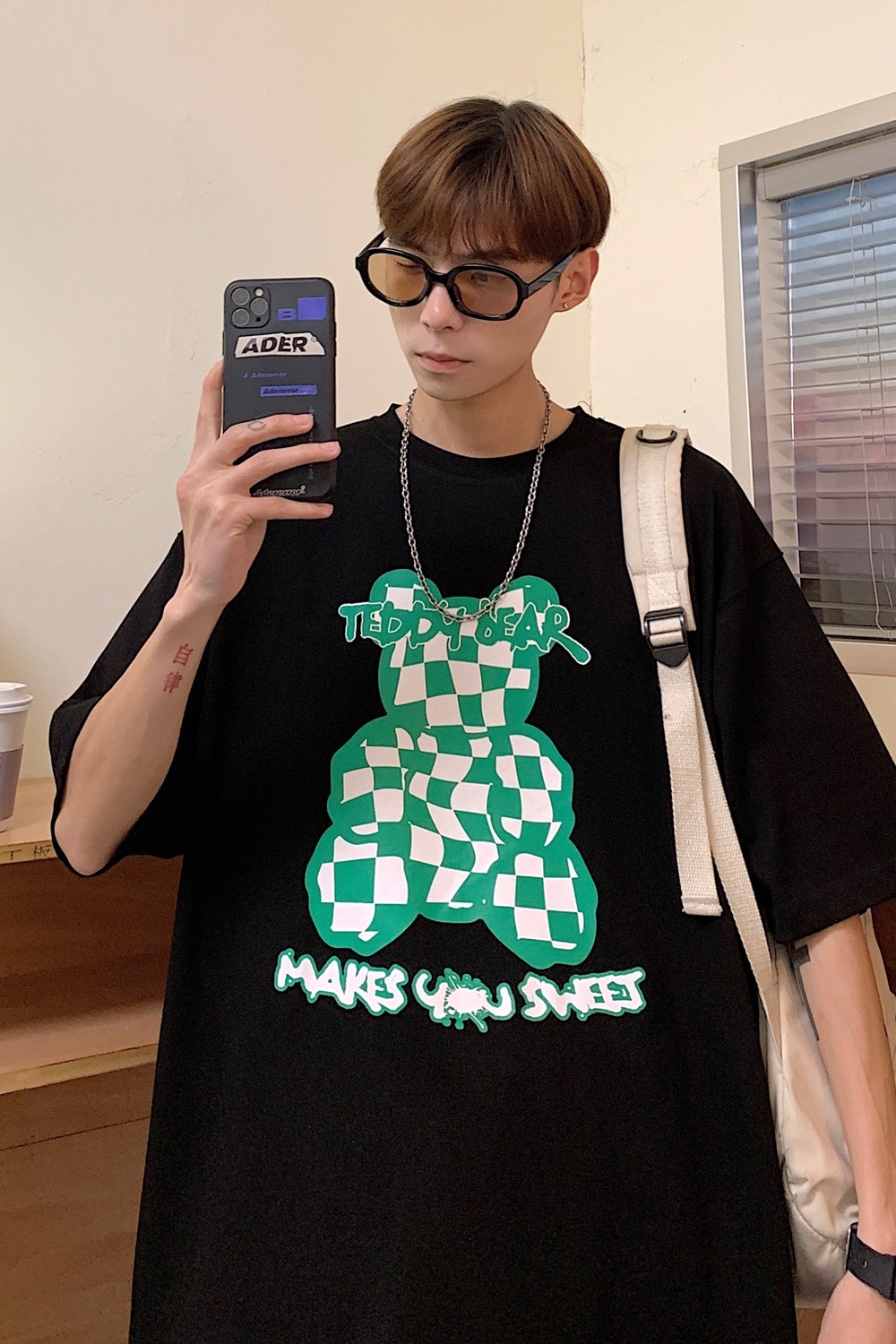 港风夏装棋盘格小熊印花情侣短袖T恤宽松半袖H719P30女类,男装T恤,电商A341