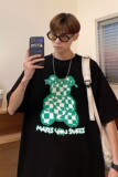 港风夏装棋盘格小熊印花情侣短袖T恤宽松半袖H719P30女类，男装T恤，电商A341