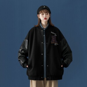中性风 宽松新款PU皮拼接呢料棒球服 情侣外套 H572 P118男类图片